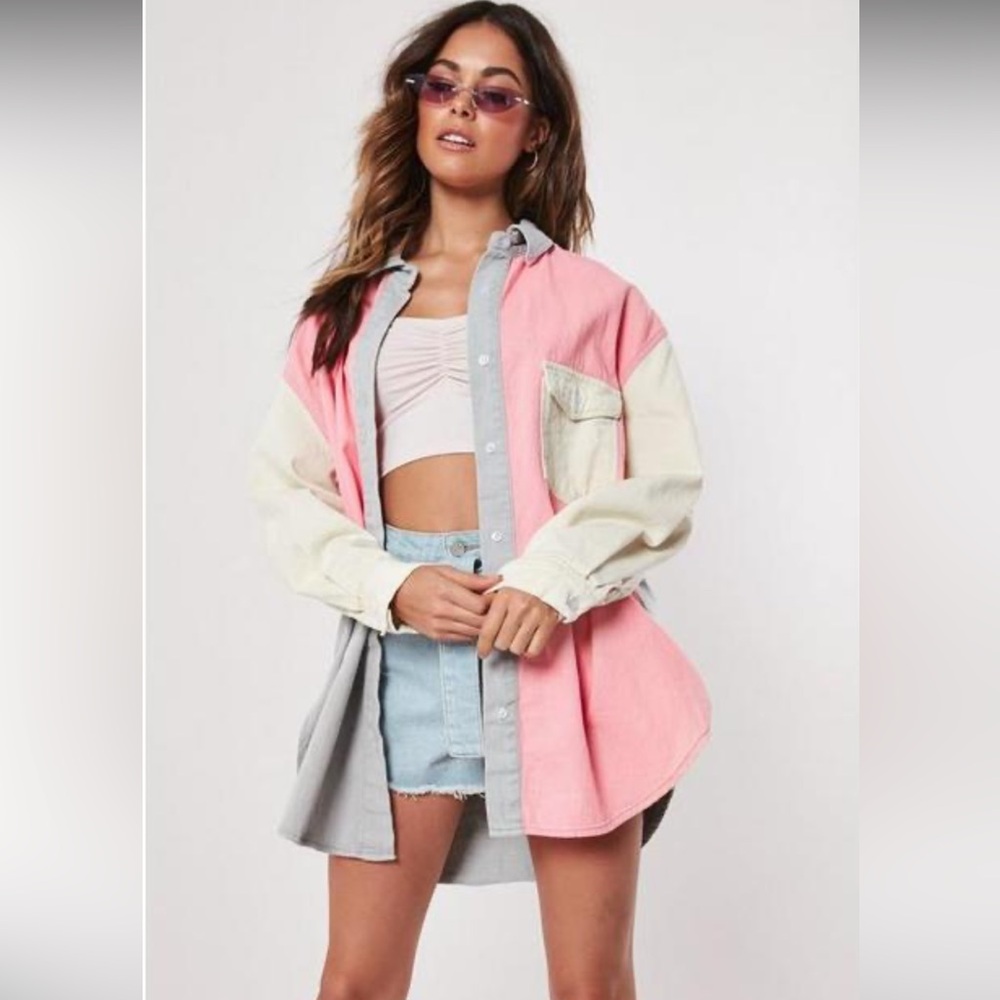 Pink Gray Cream Missguided Color Block Oversized Denim Shirt Button-Up